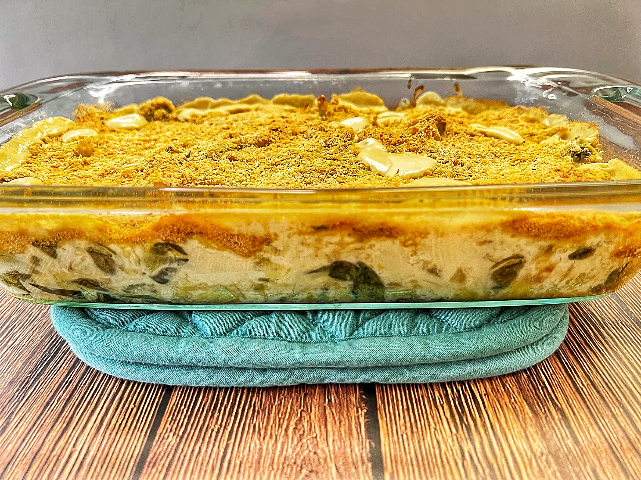 Vegan spinach artichoke dip baked out of oven 