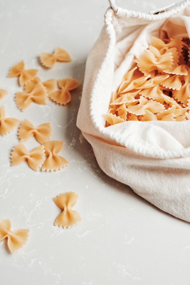 Dried pasta in reusable cloth bag