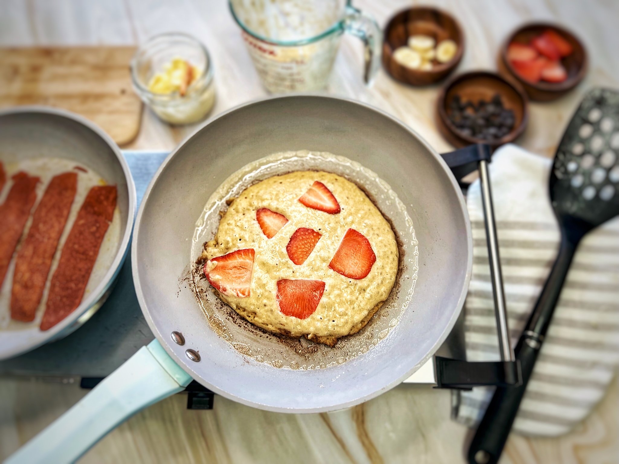 Strawberry vegan pancake cooking