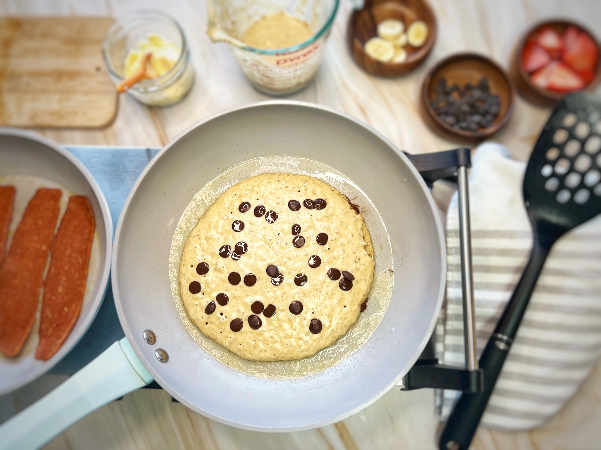 Chocolate chip vegan pancake cooking