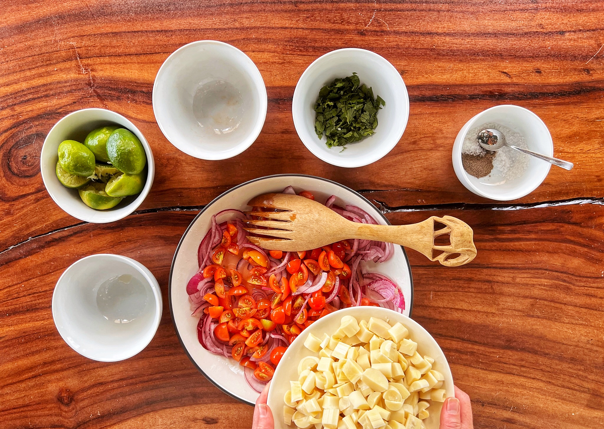 Vegan ceviche being assembled