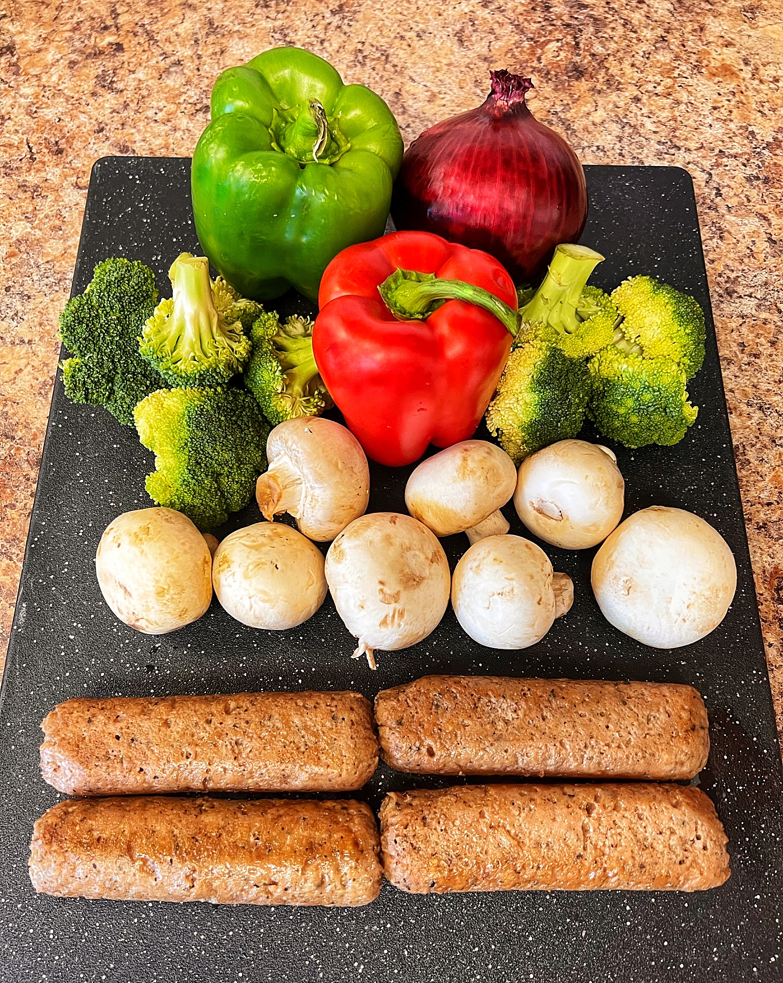 Veggies and plant-based sausages