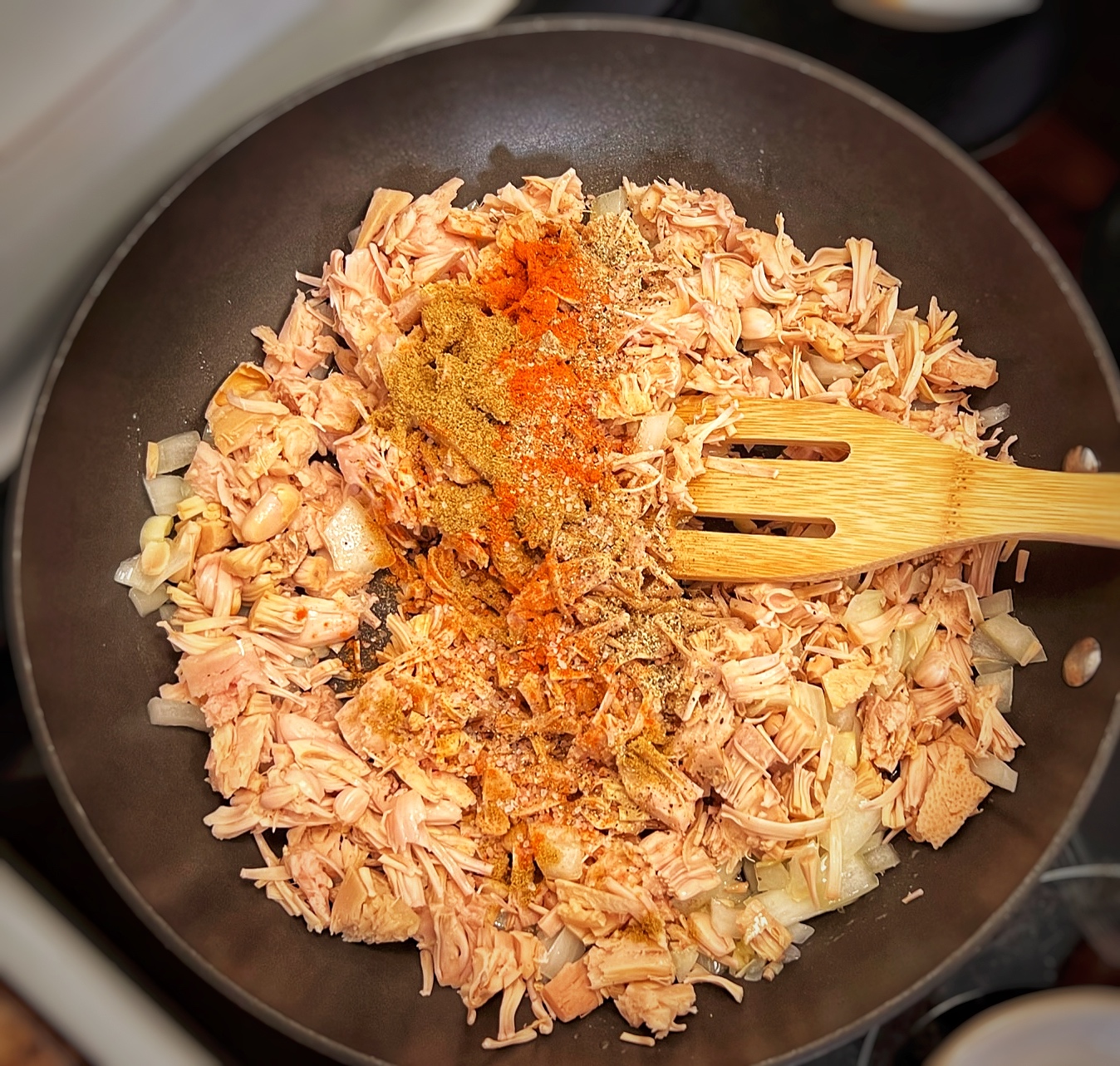 Jackfruit cooking on the pan